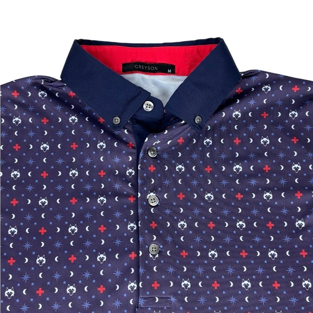 Greyson Polo Shirt Men’s Medium Wolf Print Golf Performance Knit Jersey Stretch